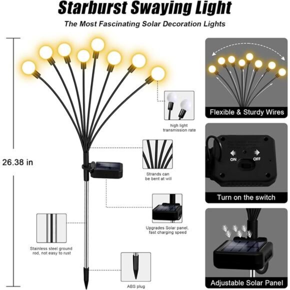 Solar Garden Lights Outdoor 4 Pack 32 LED Firefly Effect Warm White Solar - Picture 4 of 7